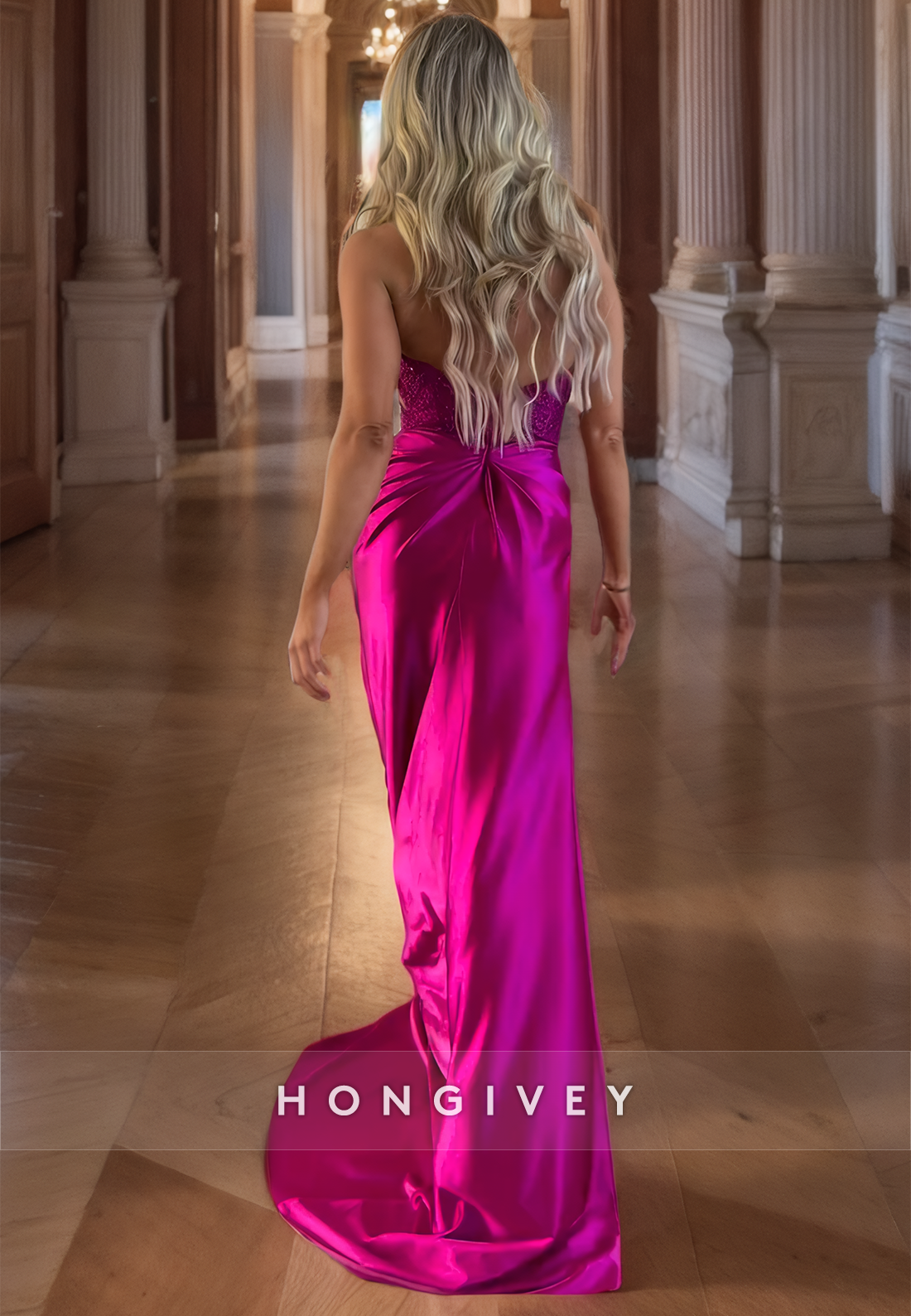 Sexy Vneck Backless Fuchsia Side Slit Mermaid Evening Dress Formal Gown