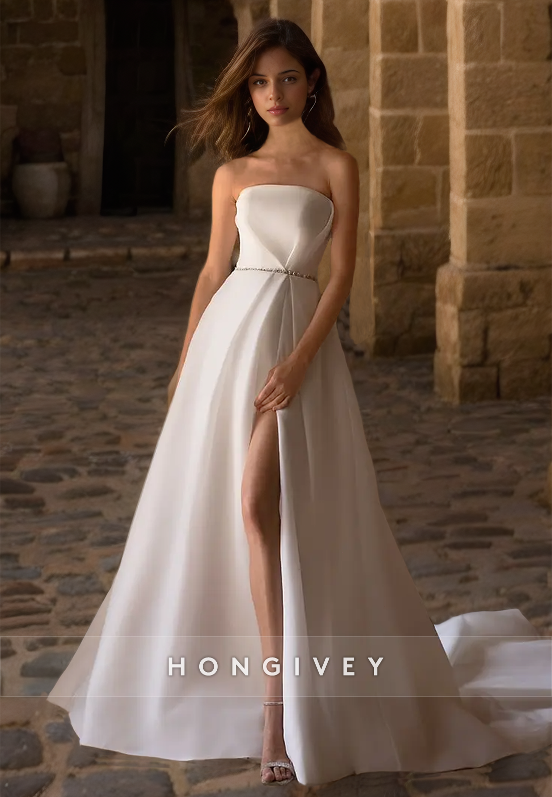 Sexy Satin Aline Strapless Sleeveless Empire With Side Slit Train Wedding Dress