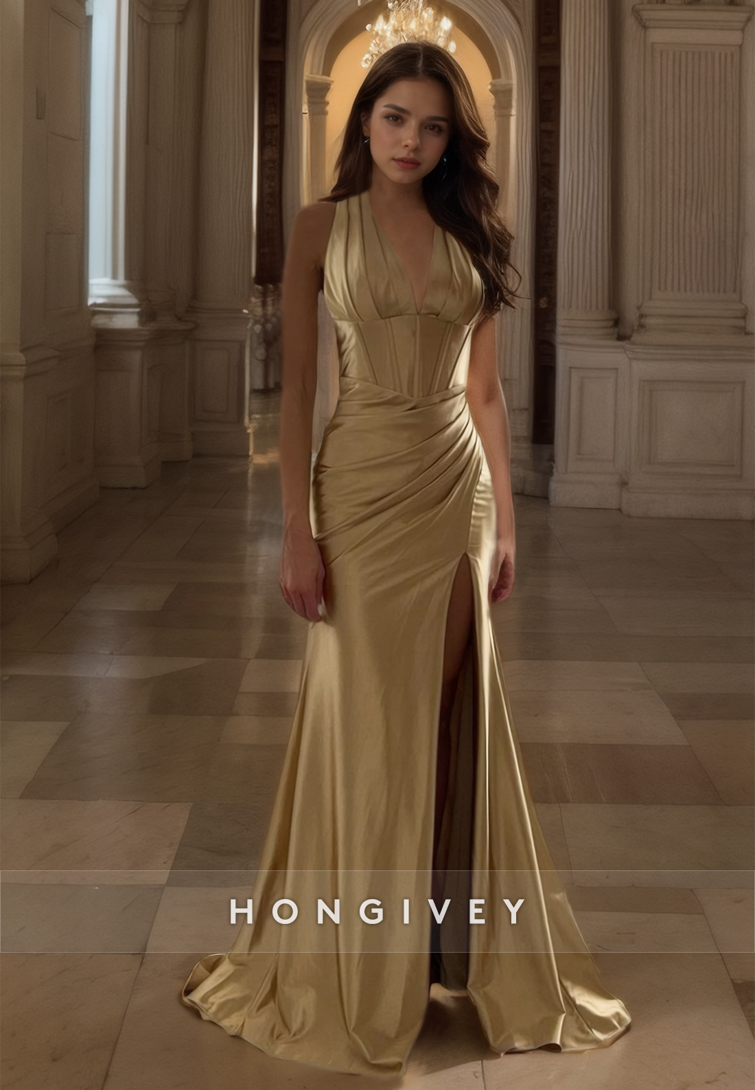 Luxurious Sexy Gold Vneck Formal Evening Dress Sleeveless Empire Party Prom Gown