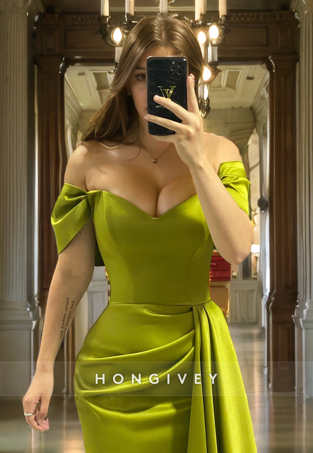 Classic Green Offshoulder Sheath With Train Satin Evening Dress Formal Party Gown