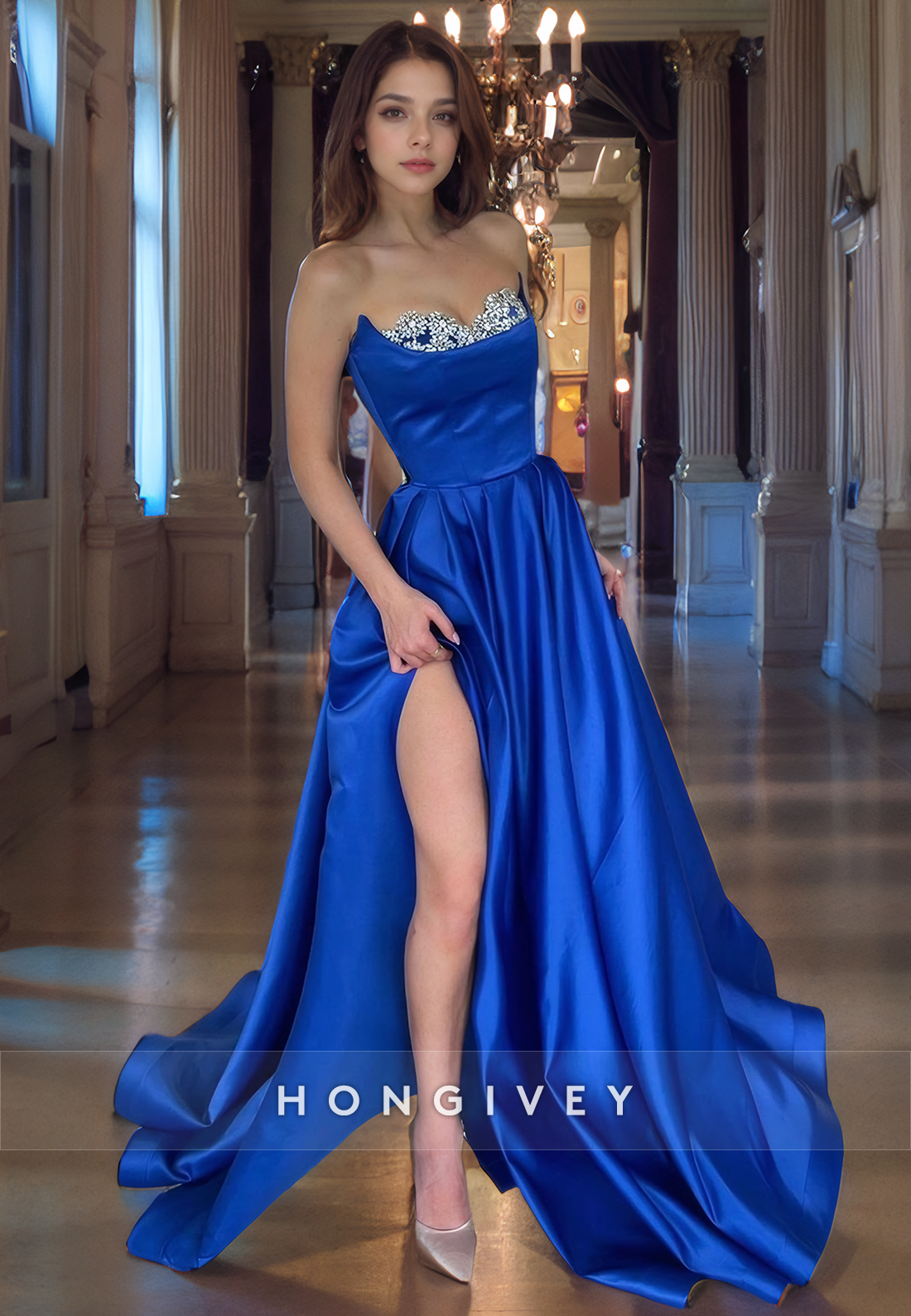 Satin Aline Strapless Beaded Empire With Side Slit Long Prom Dress