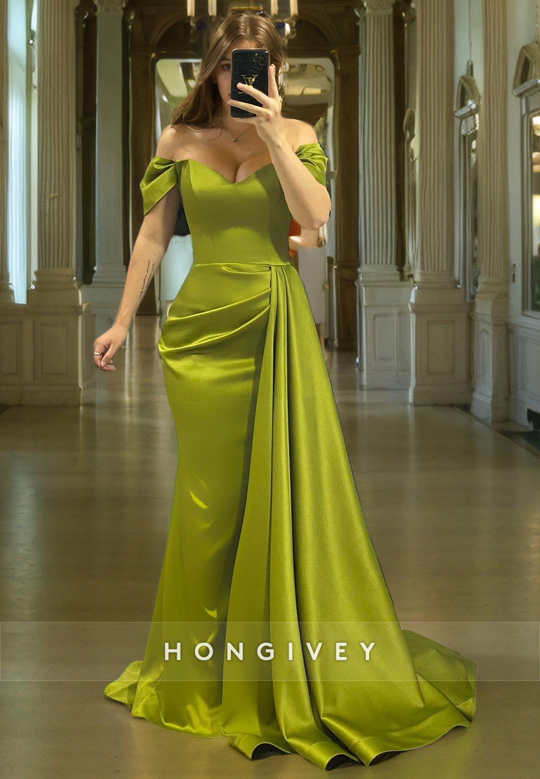 Classic Green Offshoulder Sheath With Train Satin Evening Dress Formal Party Gown