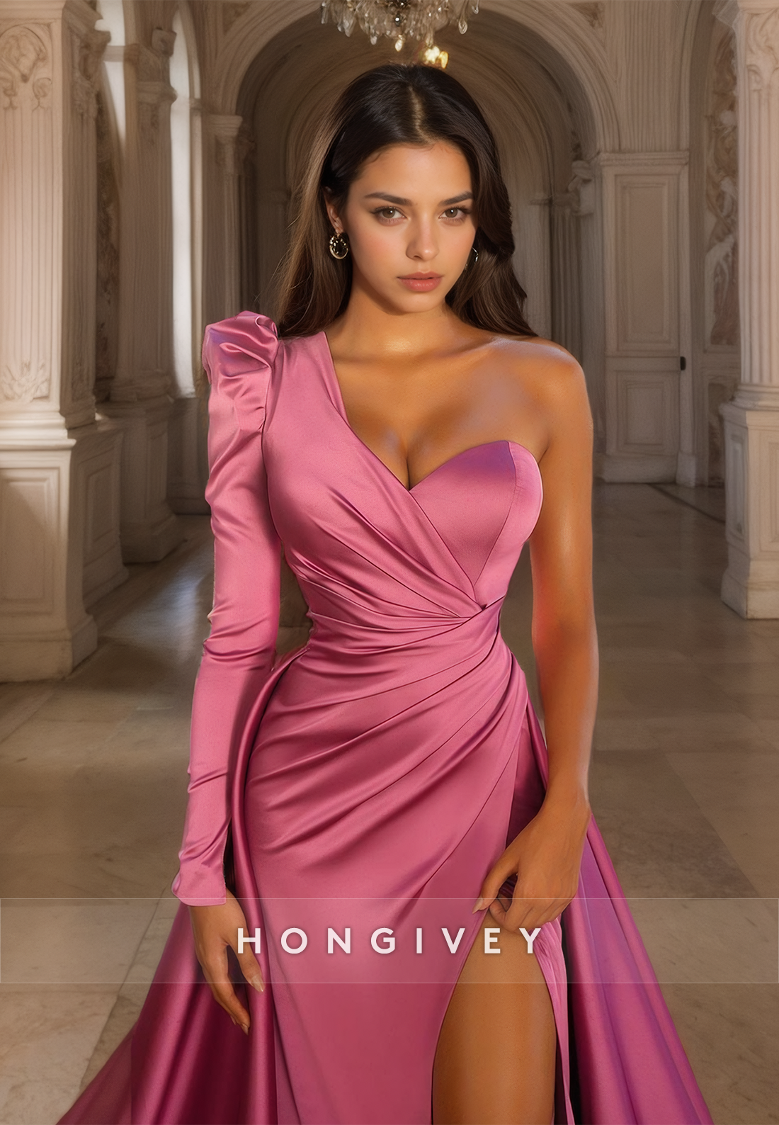 Solid One Shoulder Evening Dress With Train Classic Side Slit Satin Prom Gown