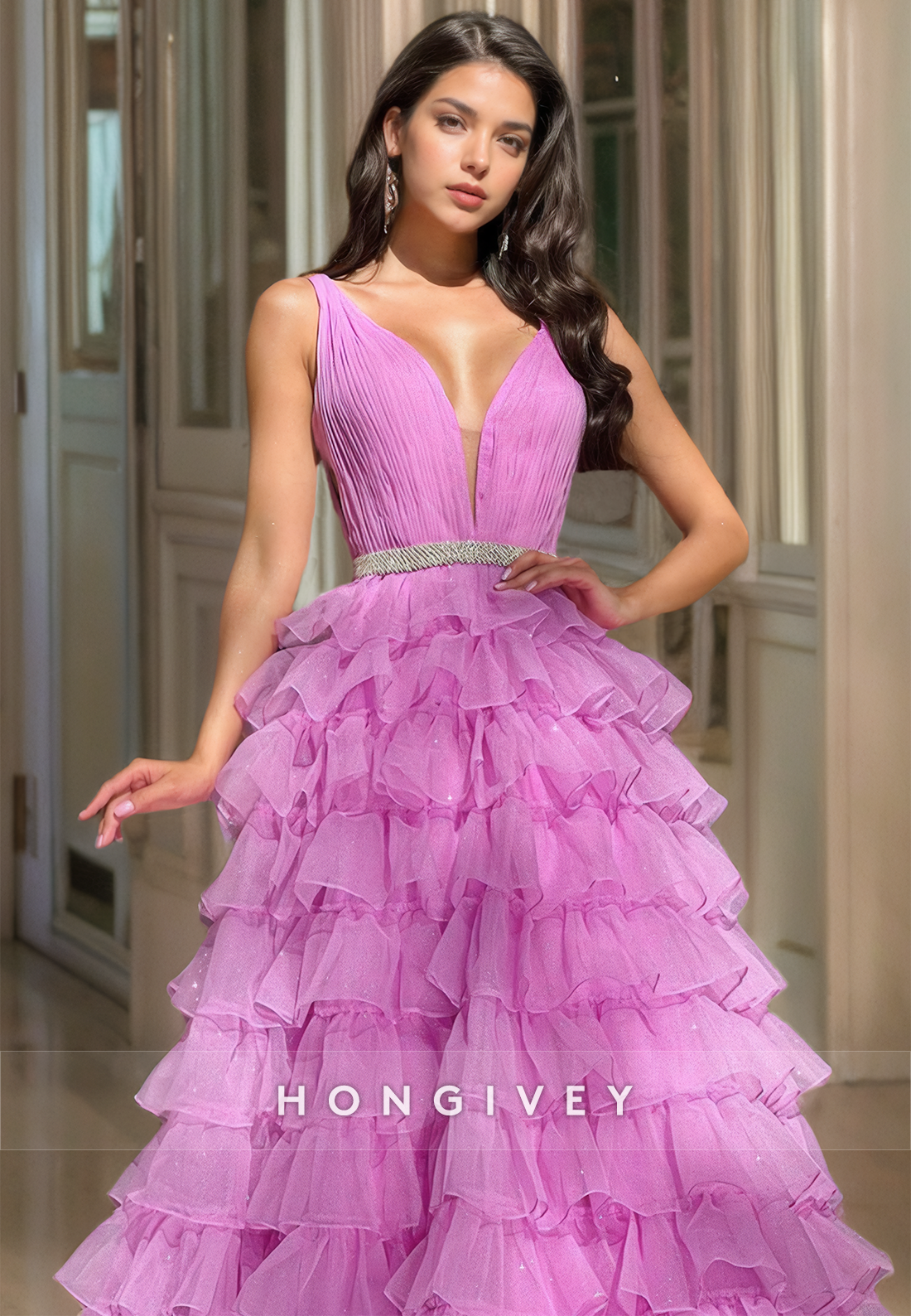 Sexyaline Tulle Plunging Vneck Straps Empire Tiered Party Prom Evening Dress