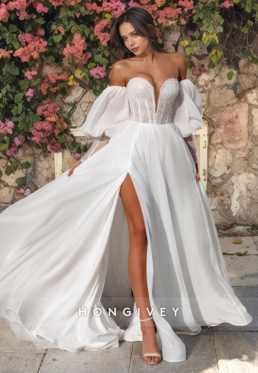 Sexy Aline Satin Sweetheart With Long Bell Sleeves Empire Beaded With Side Slit Wedding Dress