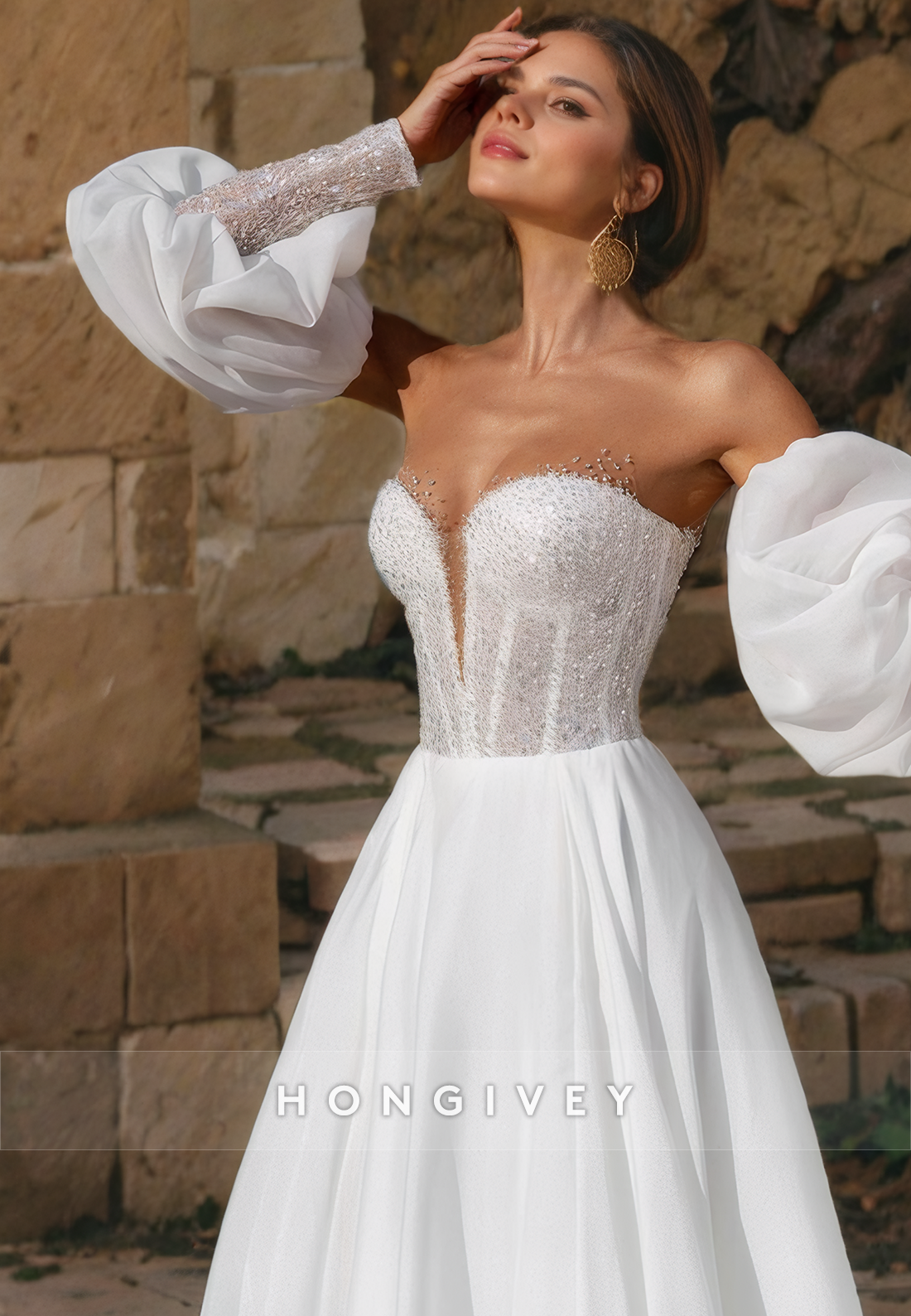 Sexy Aline Satin Sweetheart With Long Bell Sleeves Empire Beaded With Side Slit Wedding Dress