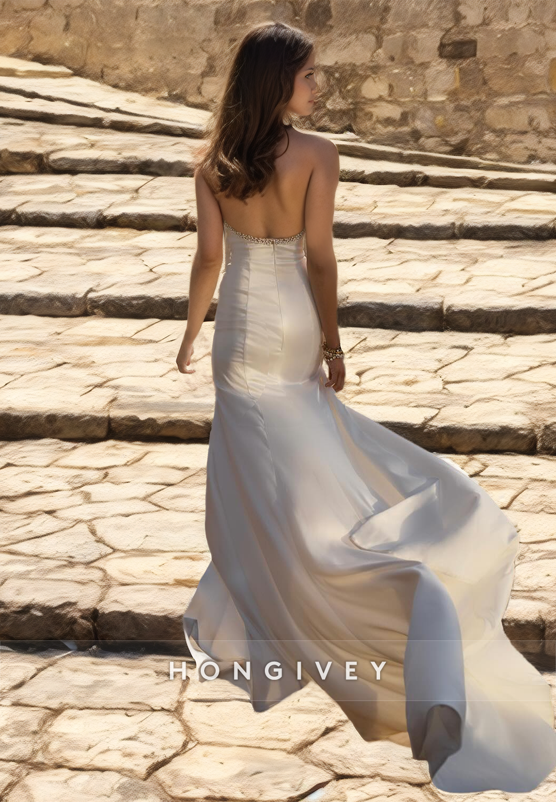 Sexy Side Slit Mermaid Wedding Dress High Neck Sleeveless Fitted Satin Bride Gown