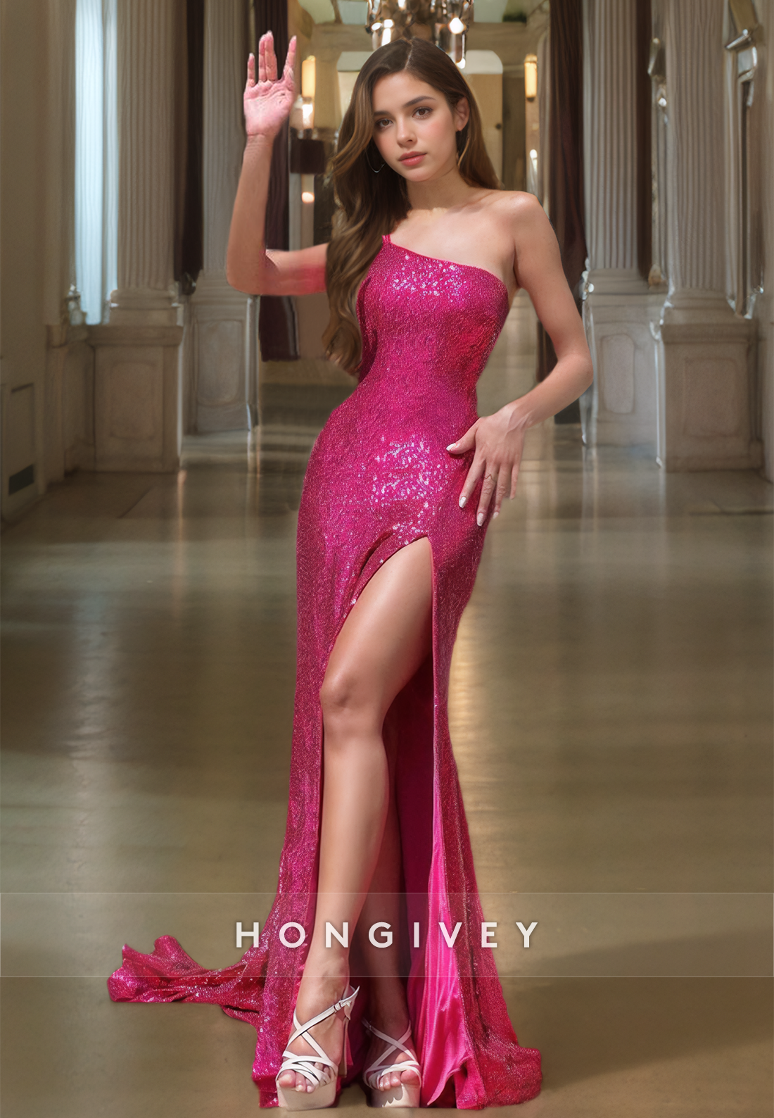 Sparkly Fully Sequined High Slit With Train Evening Party Prom Dress