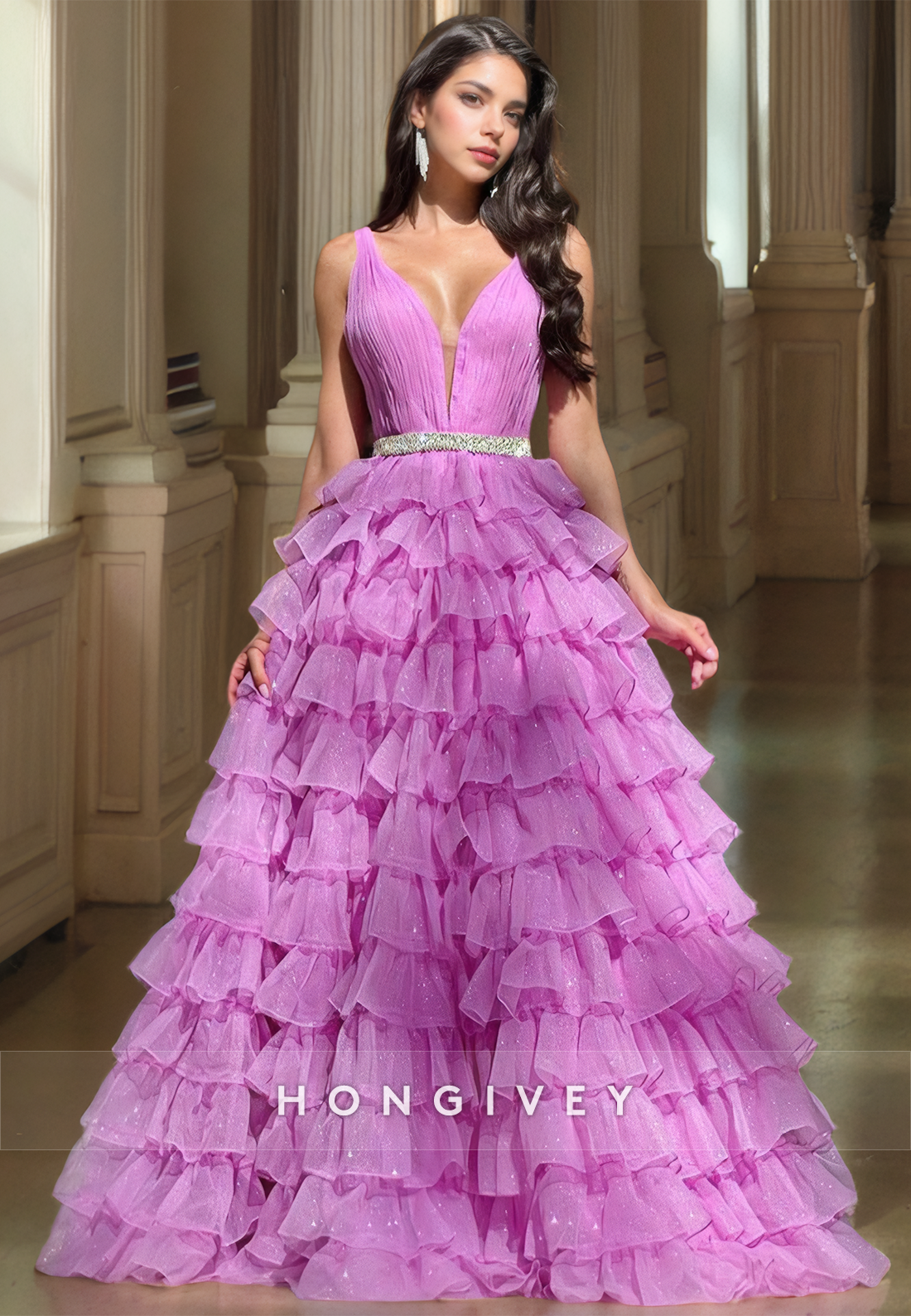 Sexyaline Tulle Plunging Vneck Straps Empire Tiered Party Prom Evening Dress