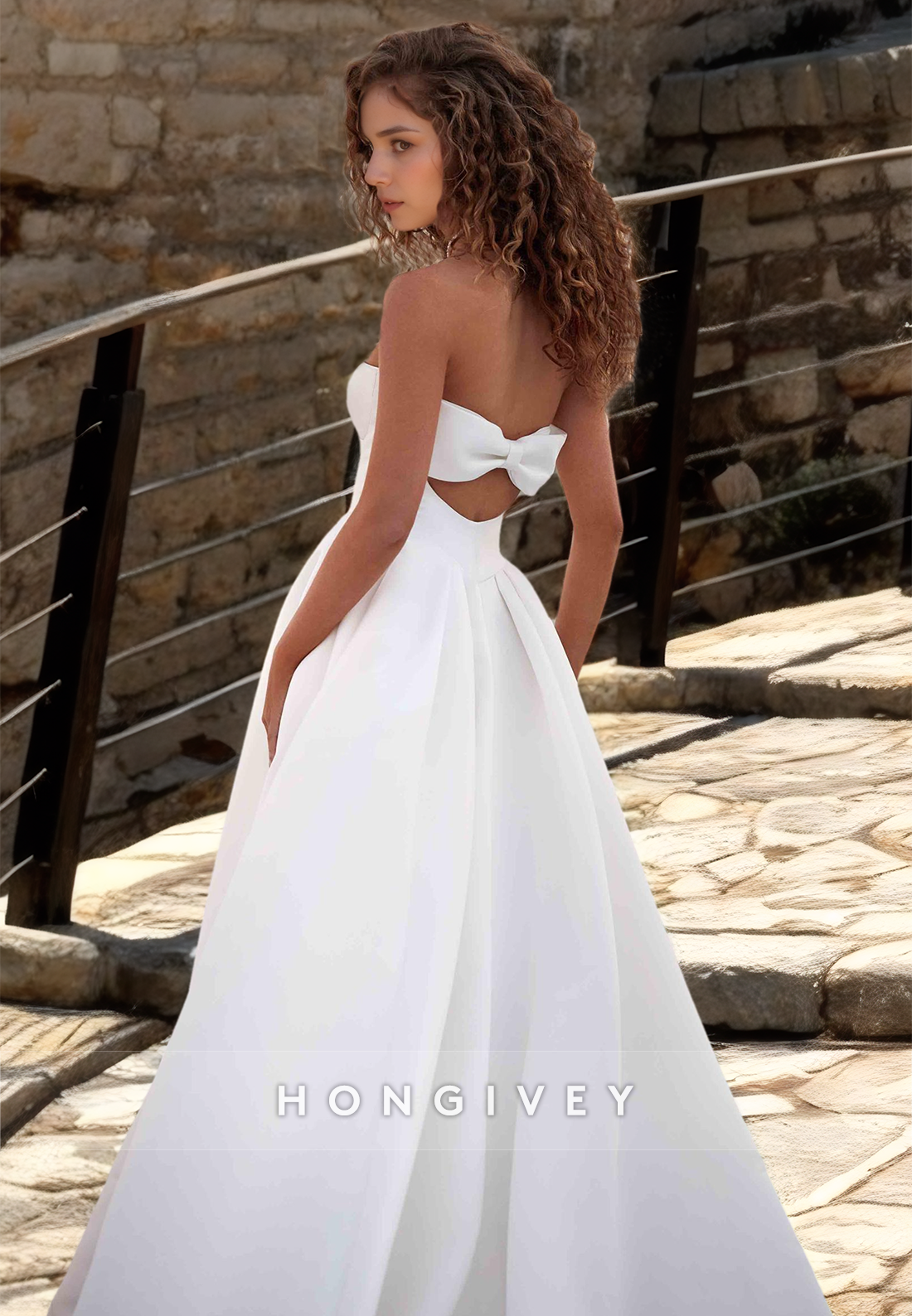 Simple Strapless Cutout With Bow Detail And Train Beach Wedding Dress