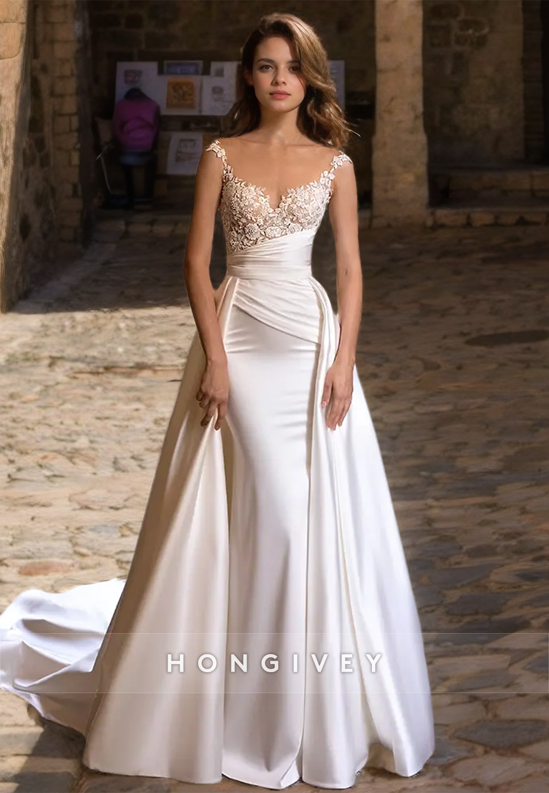 Sexy Fitted Satin Sweetheart Spaghetti Straps Appliques Ruched With Overlay Train Wedding Dress