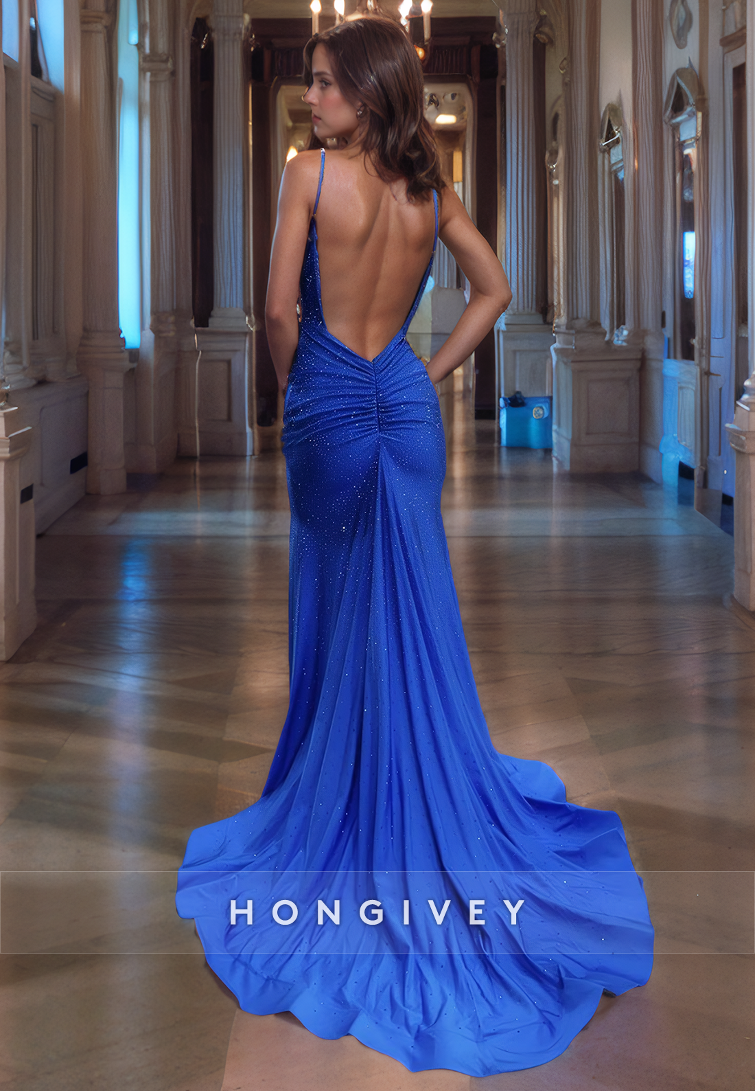 Glitter Royal Blue Spaghetti Straps Sheath With Slit Formal Evening Dress