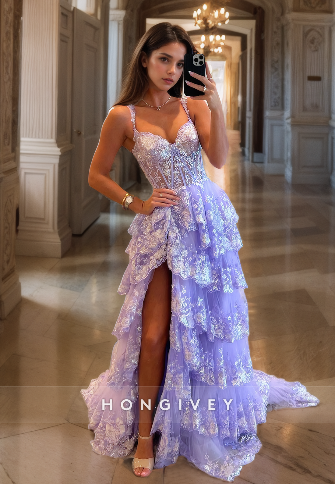 Glitter Lilac Tiered Prom Gown Straps Sweetheart With Train Homecoming Party Dress