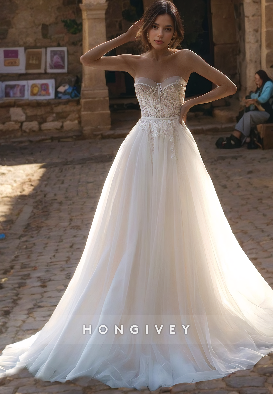 Sexy Strapless Aline Tulle Wedding Dress Applique Beaded Sweetheart Bride Gown