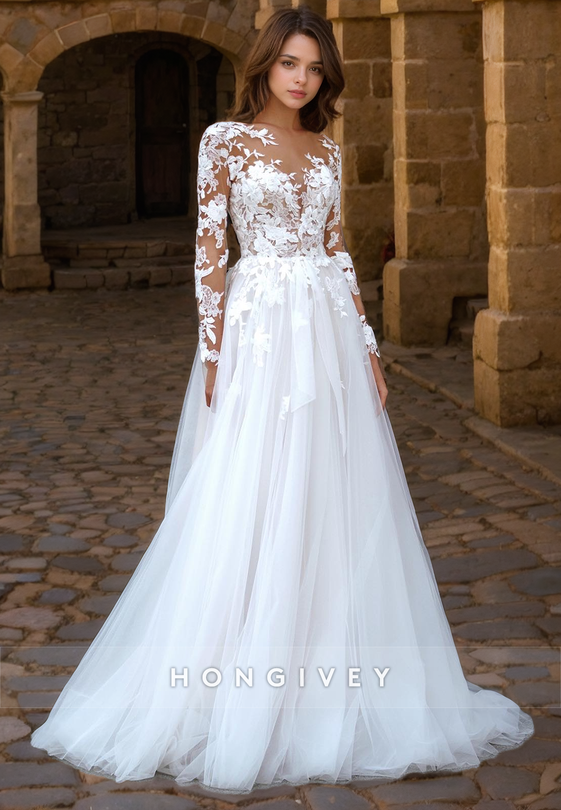 Elegant & Luxurious Tulle Aline Long Sleeve Lace Applique Wedding Dress