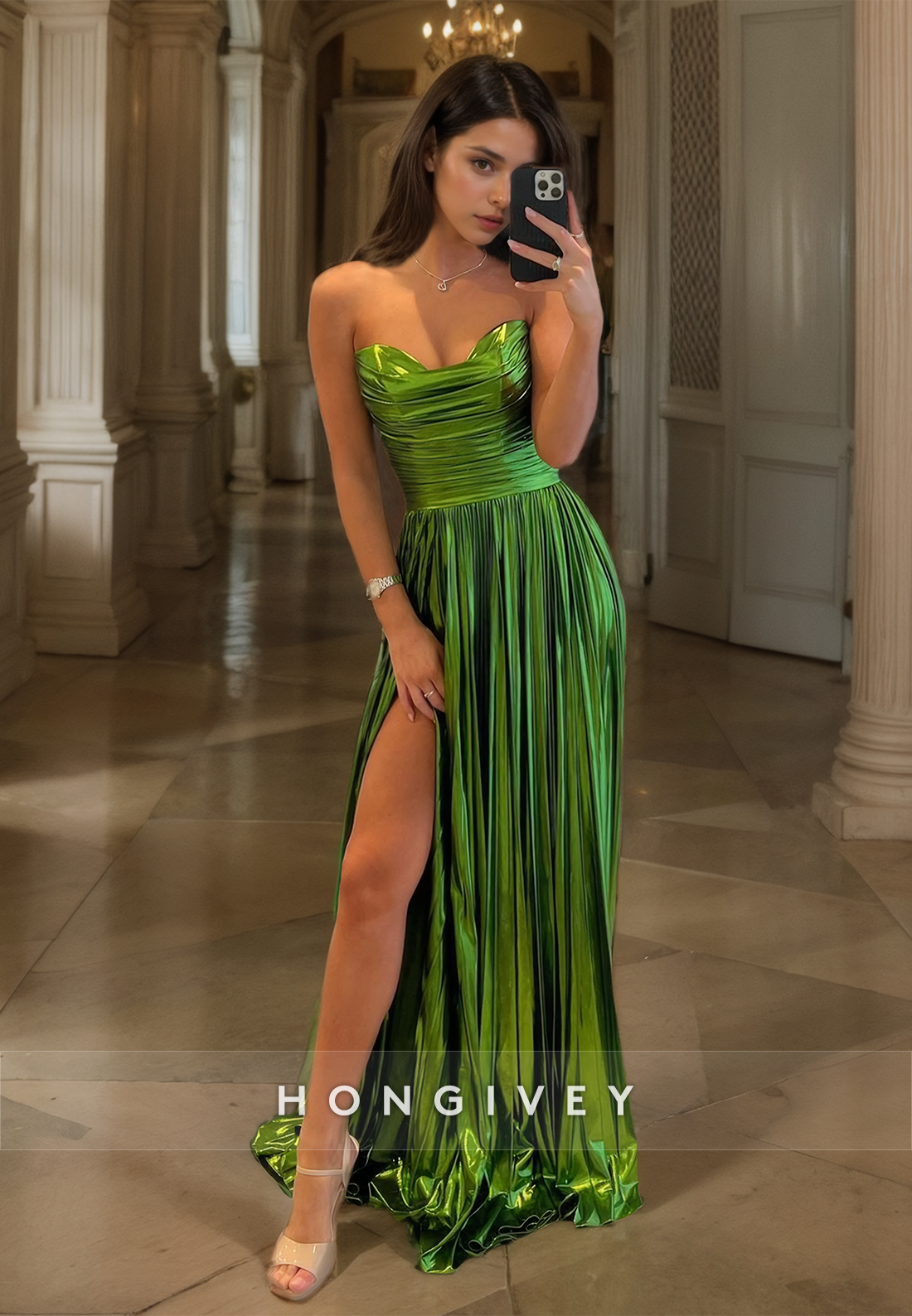 Strapless Green Evening Dress With Side Slit Prom Gown Homecoming Ball Gown