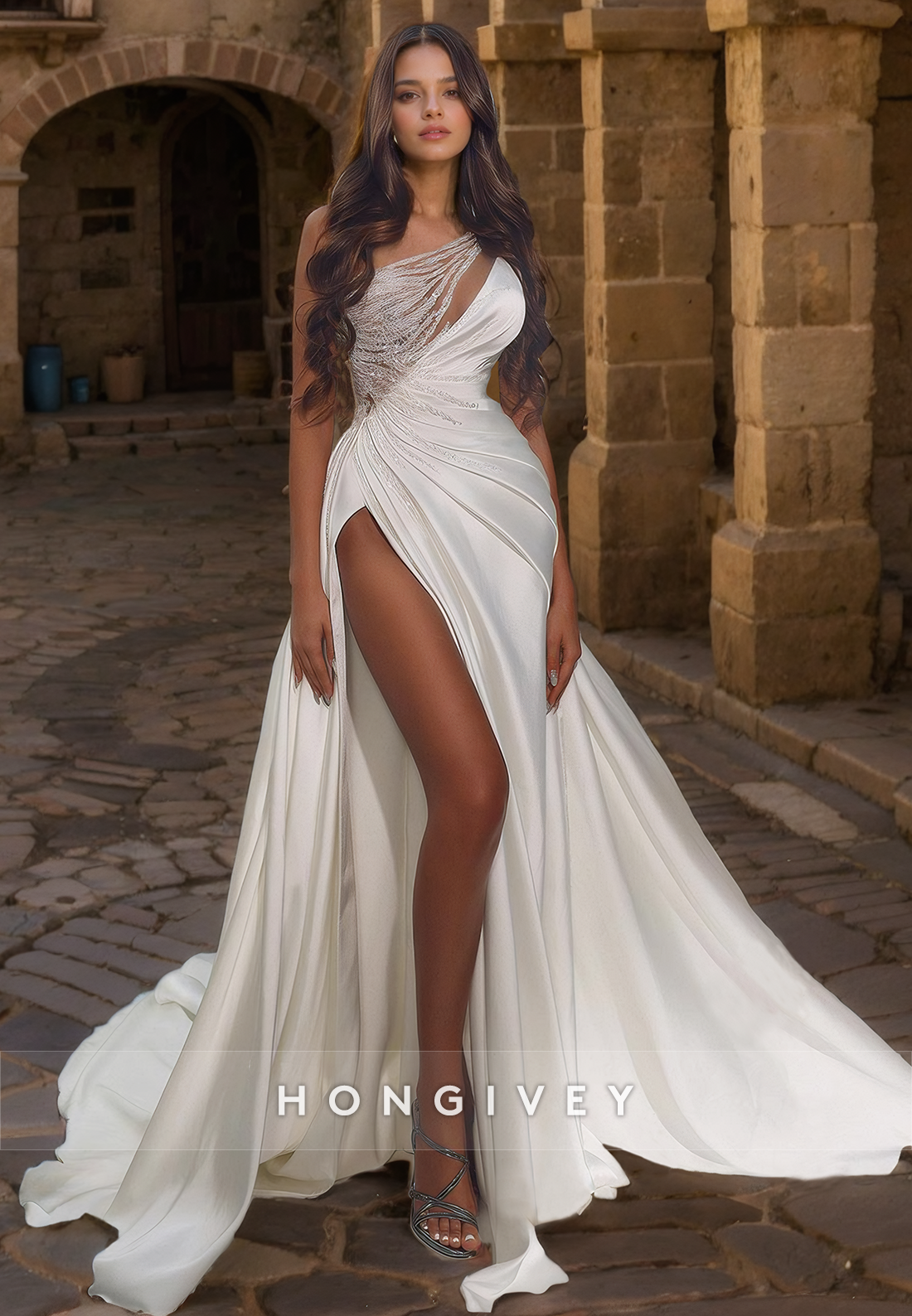 Beaded Rhinestone Draped Illusion Cutout High Slit With Train Wedding Dress