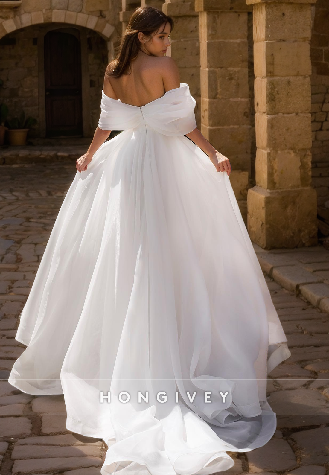 Chic Tulle Aline Offshoulder With Side Slit With Train Wedding Dress