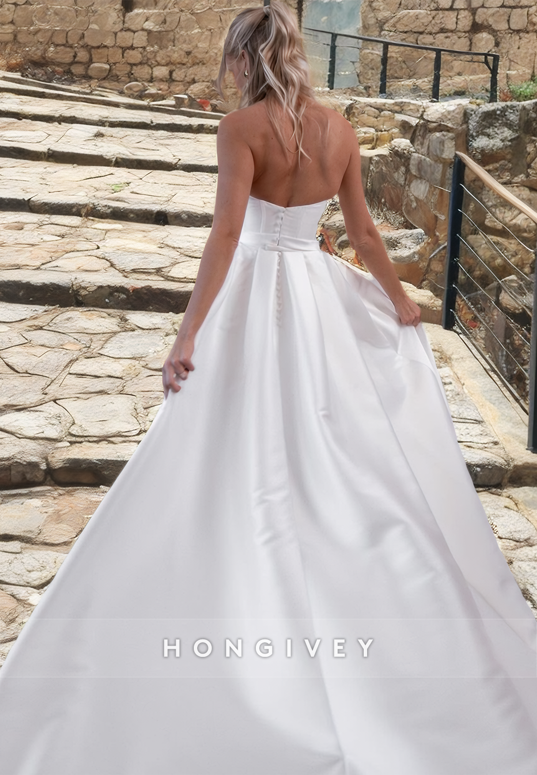 Sexy Satin Aline Bateau Strapless Empire With Detachable Overskirt Train Wedding Dress