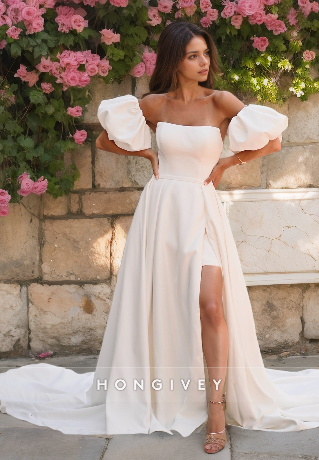 Satin Aline Bateau Puff Sleeves Detachable Train Wedding Dress