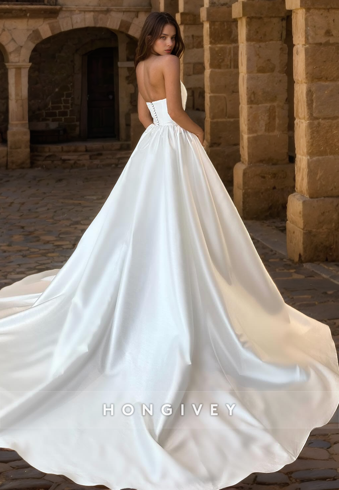 Satin Aline Bateau Strapless Sleeveless With Train Wedding Dress