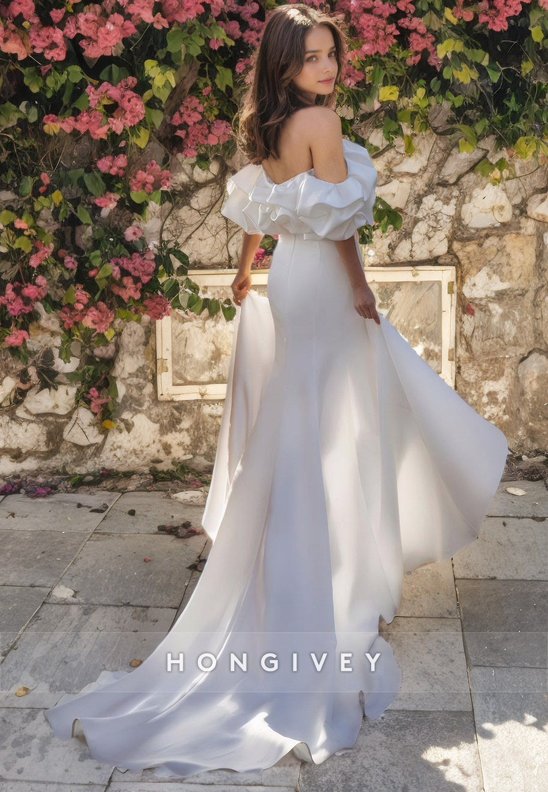 Chic Offshoulder Ruched Trumpet Satin With Side Slit Wedding Dress Bride Gown