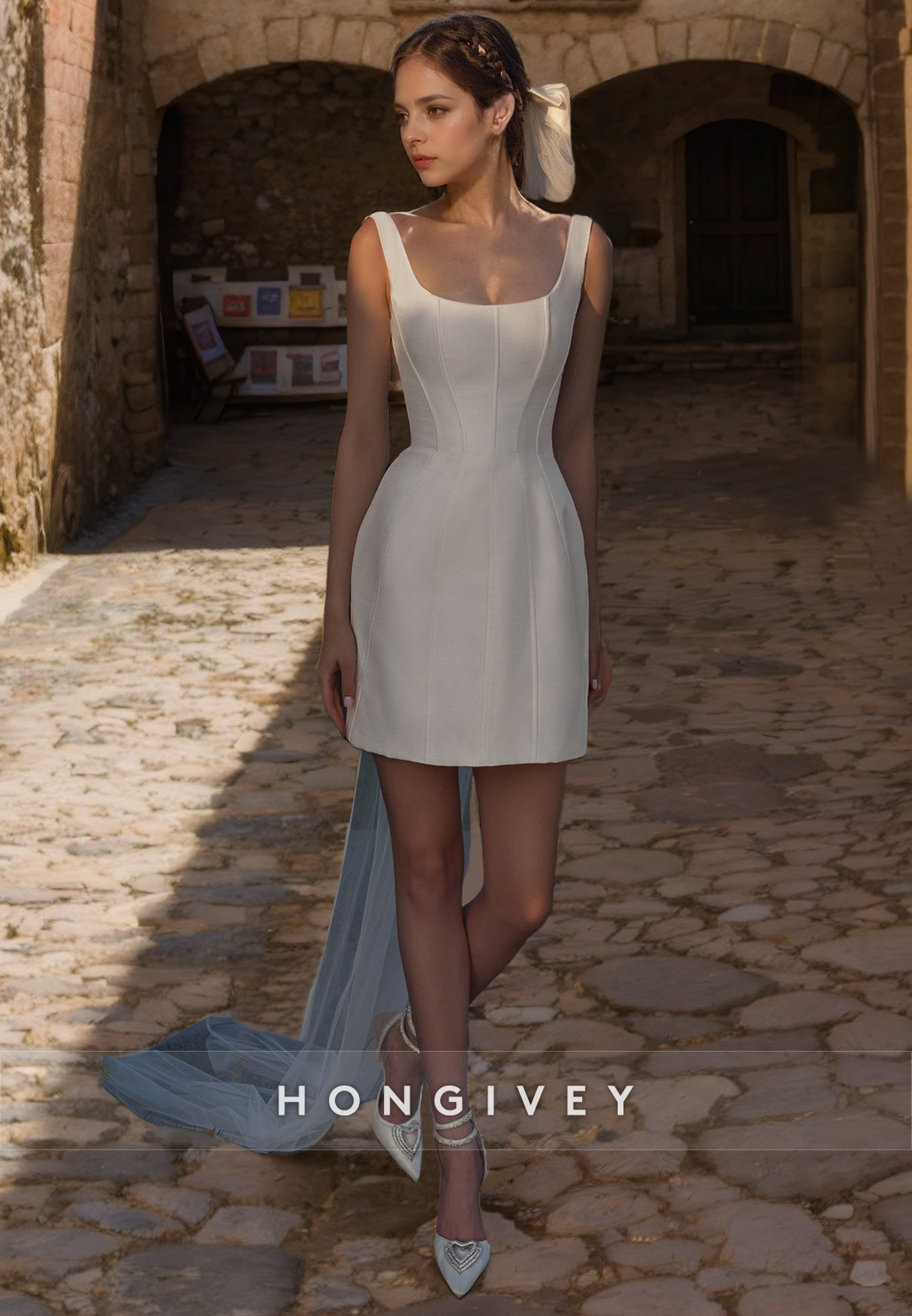 Casual Satin Aline Square Sleeveless Short Summer Wedding Dress