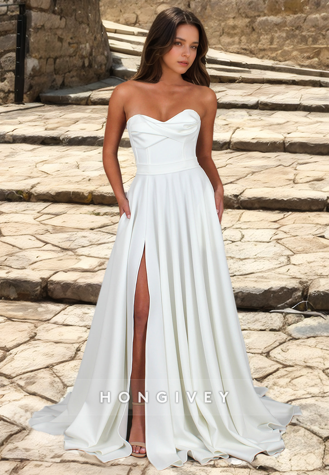 Sexy Satin Aline Sweetheart Strapless Sleeveless With Side Slit Train Wedding Dress