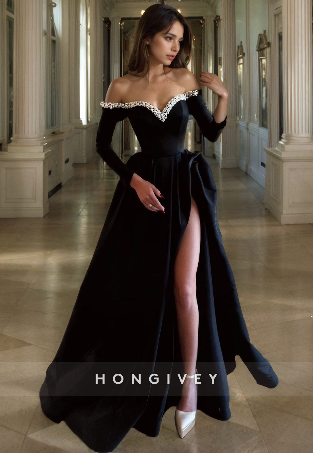 Elegant Satin Aline Offshoulder Long Sleeve Beaded Long Prom Dress