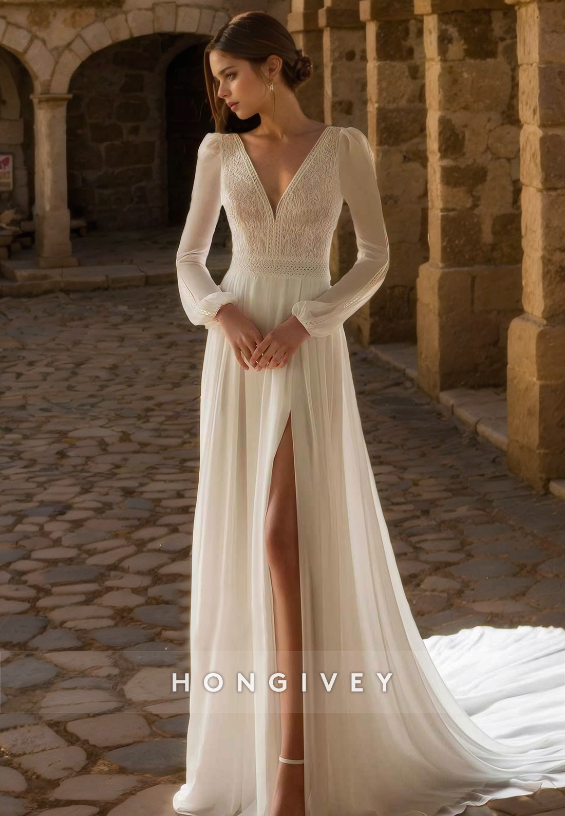 Casual Aline Vneck Long Sleeve With Side Slit Sheer Wedding Dress