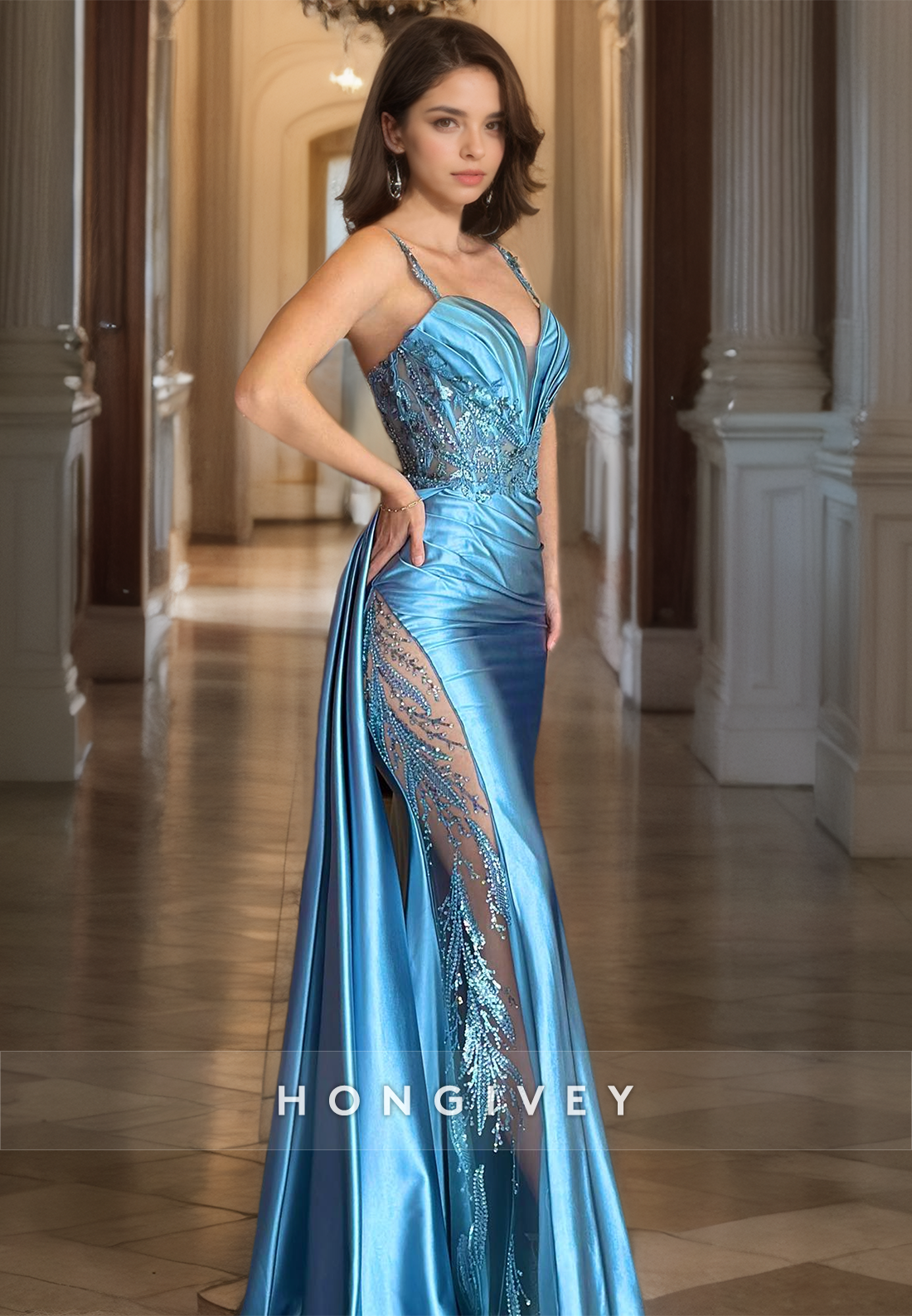 Sexy Satin Fitted Plunging Vneck Spaghetti Straps Empire Ruched With Train Party Prom Evening Dress