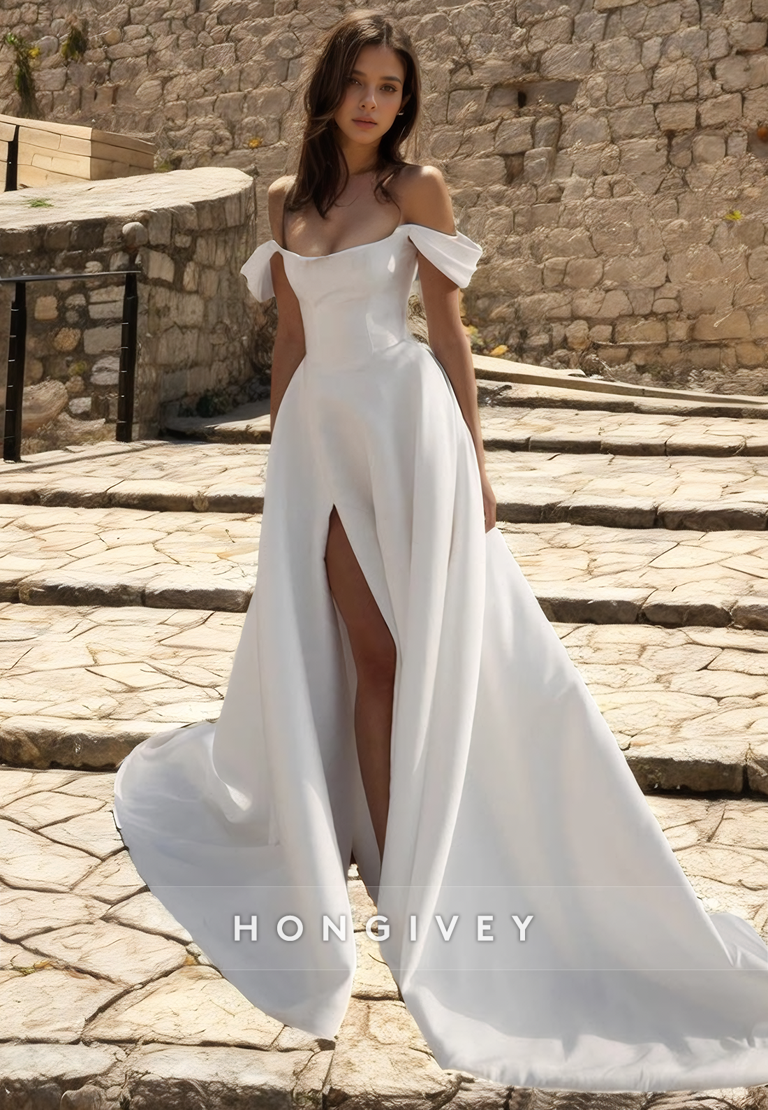 Casual Offshoulder Empirealine With Side Slit Wedding Dress