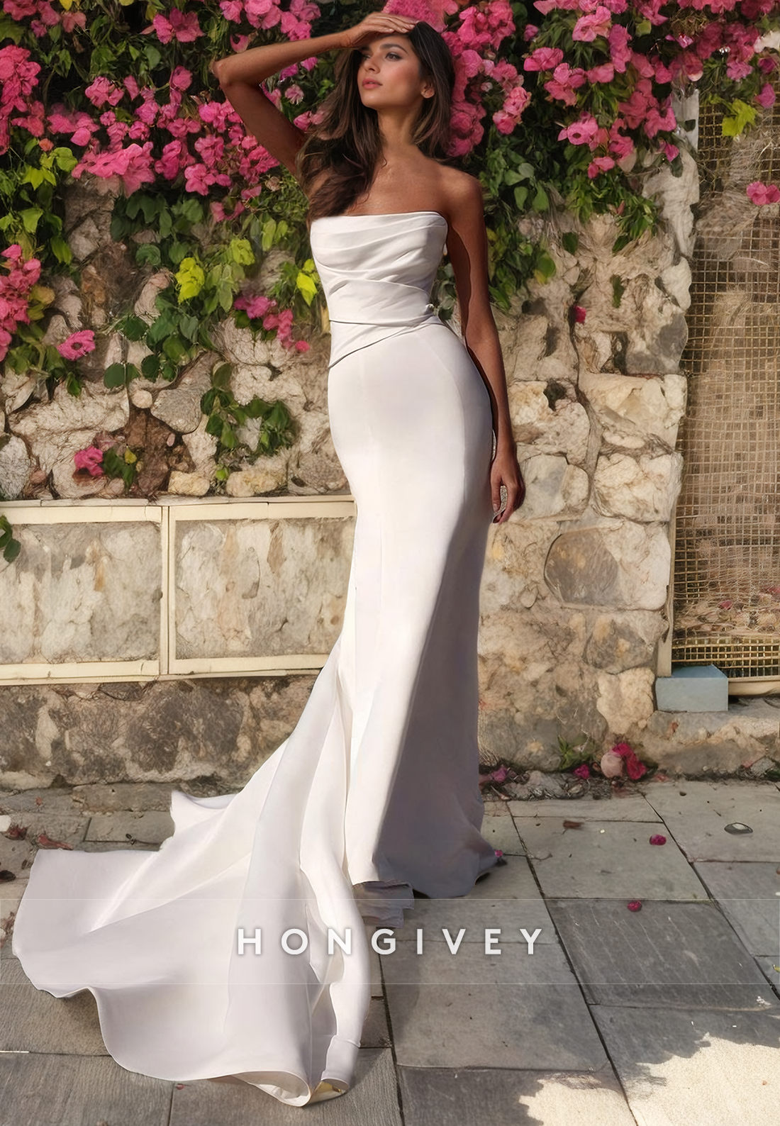 Casual Satin Trumpet Strapless With Train Beach Wedding Dress