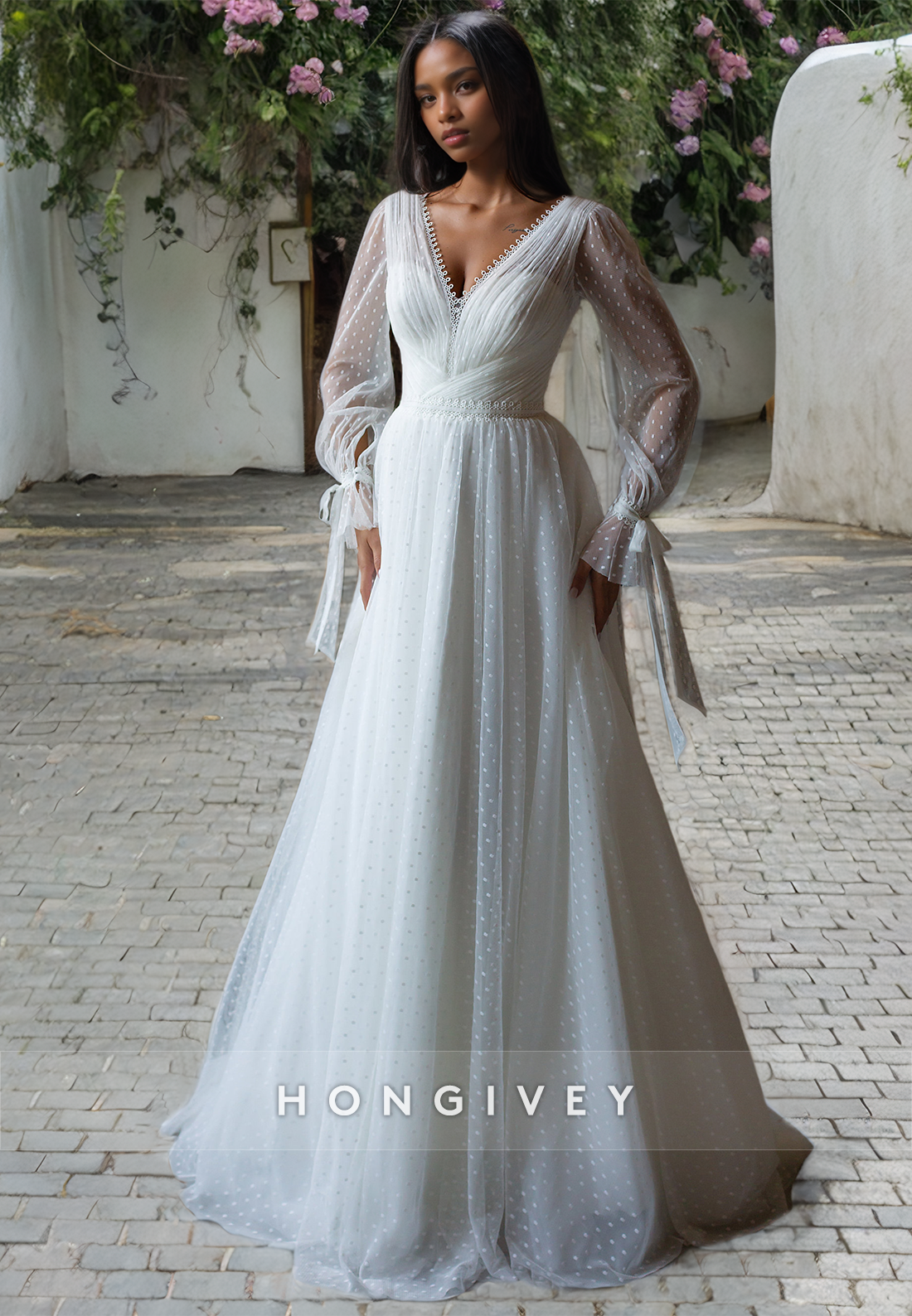 Tulle Aline Vneck Long Sleeve Boho Wedding Dress