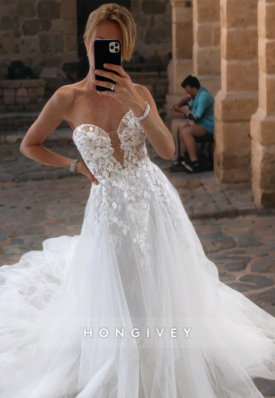 Sweetheart Strapless Lace Applique Illusion Tulle Aline Beach Wedding Dress