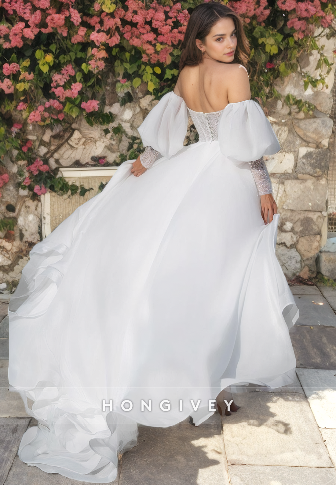 Applique Strapless Tulle Wedding Dress Long Sleeves Aline With Side Slit Bride Gown