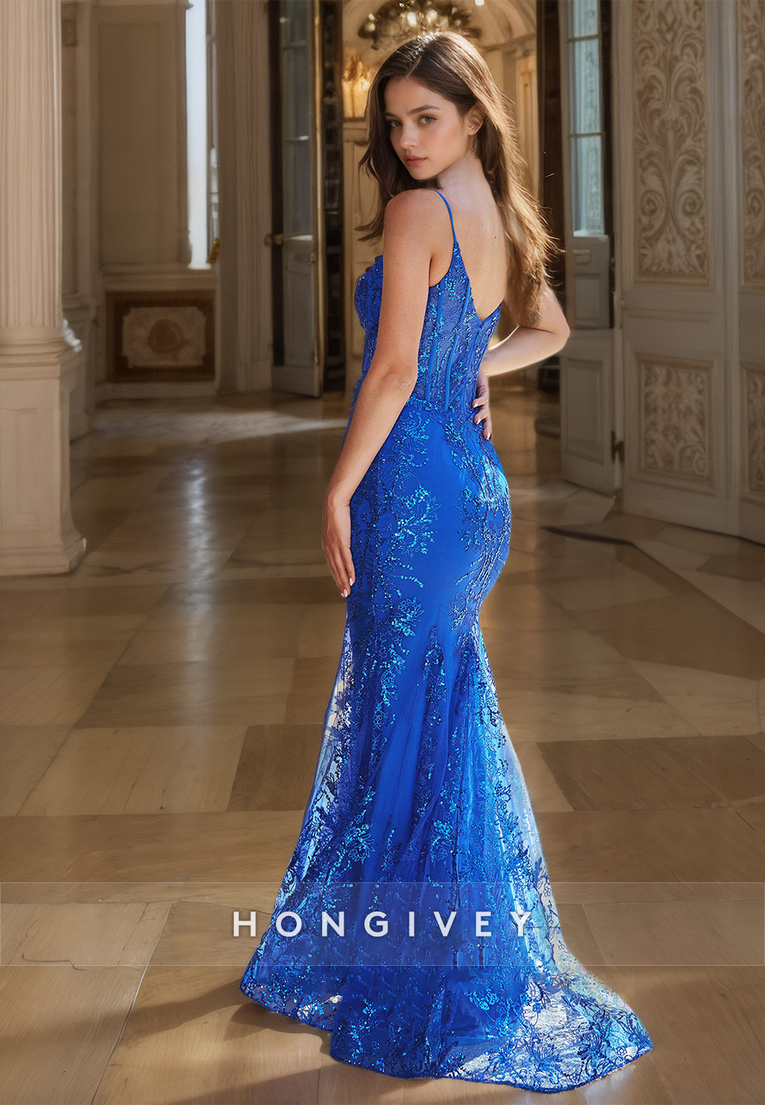 Gorgeous V Neck Royal Blue Spaghetti Straps Prom Dress Mermaid Lace Formal Cocktail Dresses