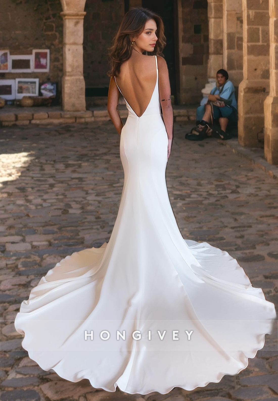 Sexy Vneck Backless Straps Trumpet Satin With Train Wedding Dress Bride Gown