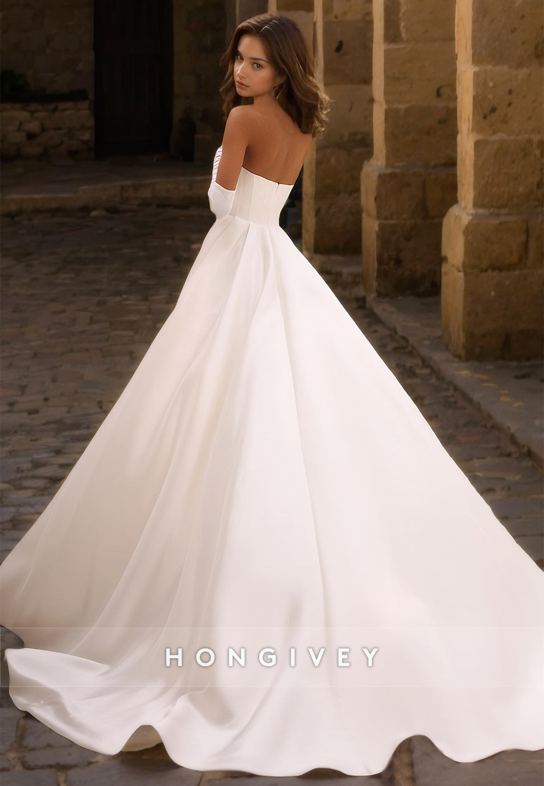 Sexy Satin Aline Bateau Strapless Ruched Empire With Gloves Train Wedding Dress