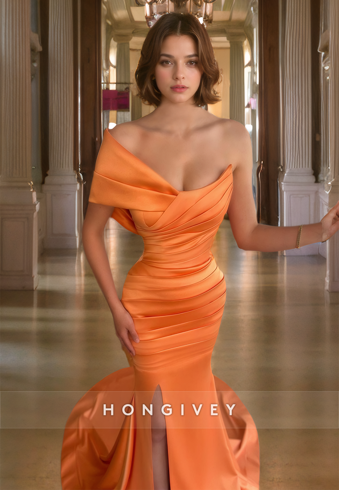 Classic One Shoulder Ruched Mermaid Dress With Train And Slit Orange Evening Party Prom Dress