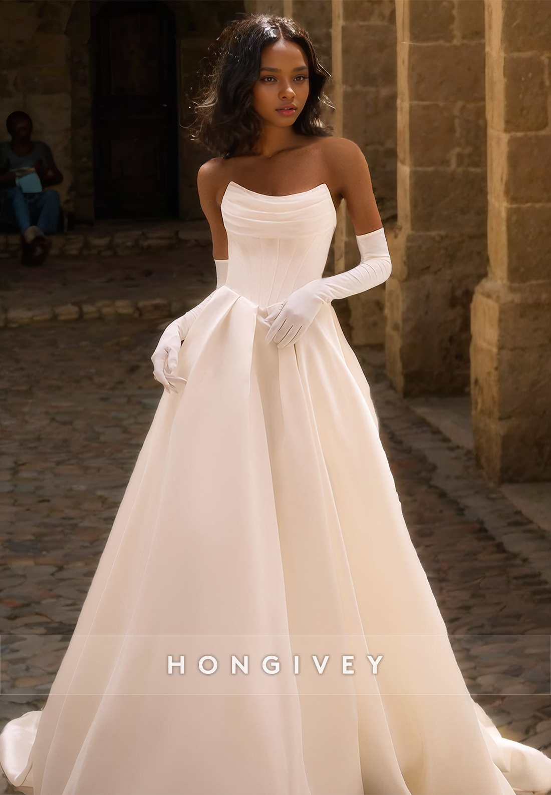 Sexy Satin Aline Bateau Strapless Ruched Empire With Gloves Train Wedding Dress