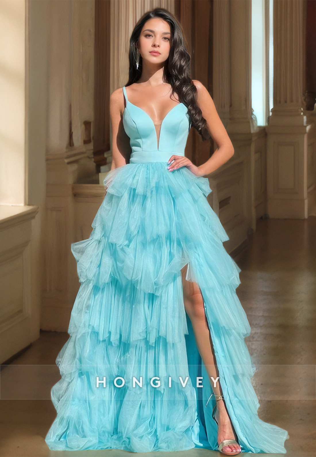 Sexy Aline Tulle Vneck Spaghetti Straps Empire Tiered With Side Slit Party Prom Evening Dress