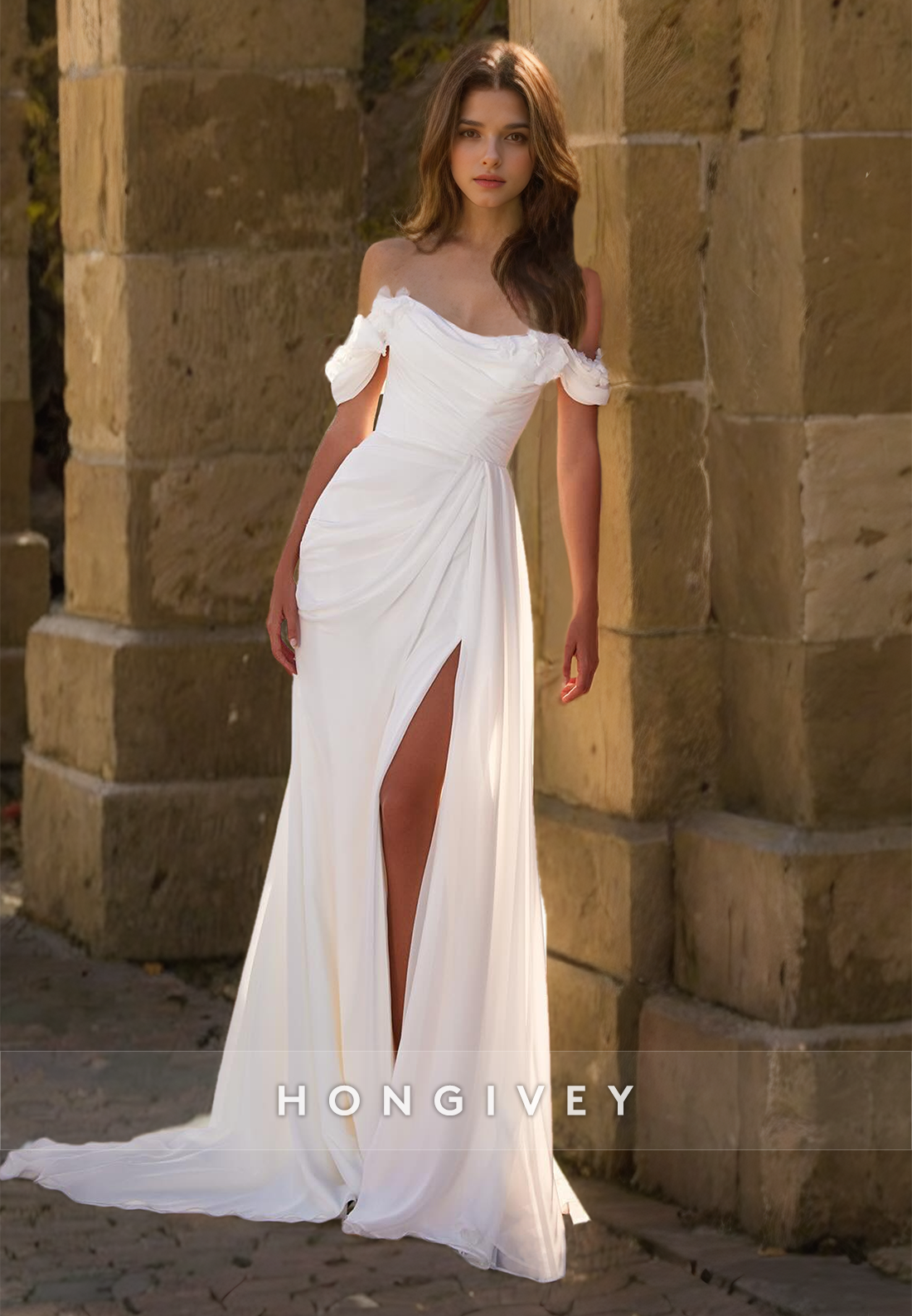 Classic Offshoulder Wedding Dress Simple Ruched Side Slit Bride Gown