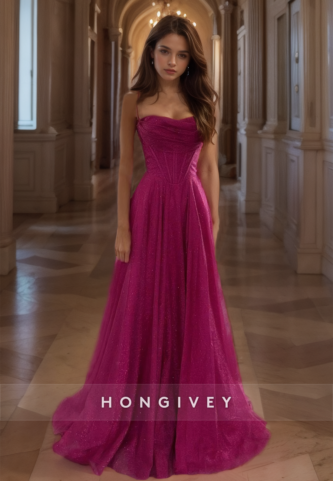 Glitter Aline Formal Evening Dress Fuchsia Elegant Long Tulle Prom Gown