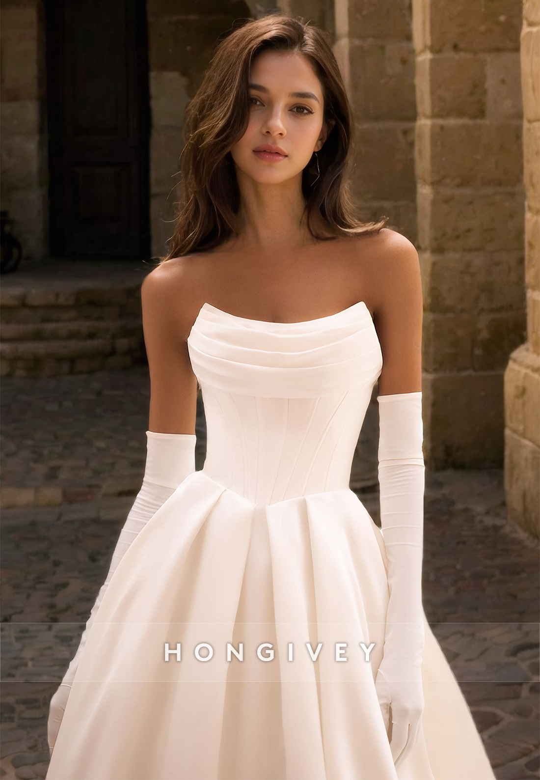 Sexy Satin Aline Bateau Strapless Ruched Empire With Gloves Train Wedding Dress