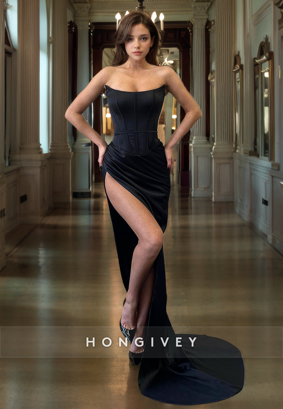 Sexy Bateau Black Corset Fitted With Slit Sheath Satin Evening Dress Formal Party Gown