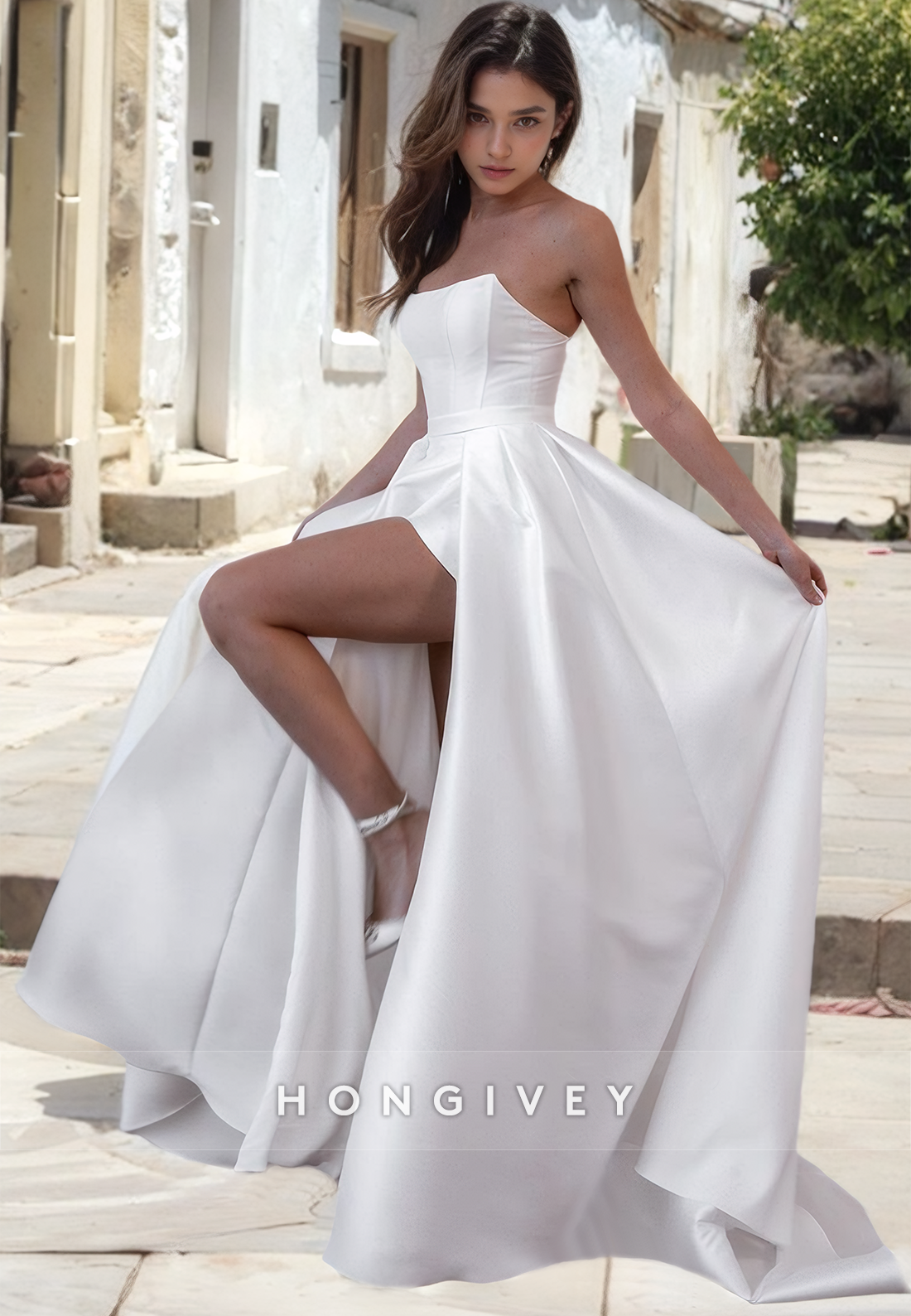 Sexy Satin Aline Bateau Strapless Empire With Detachable Overskirt Train Wedding Dress