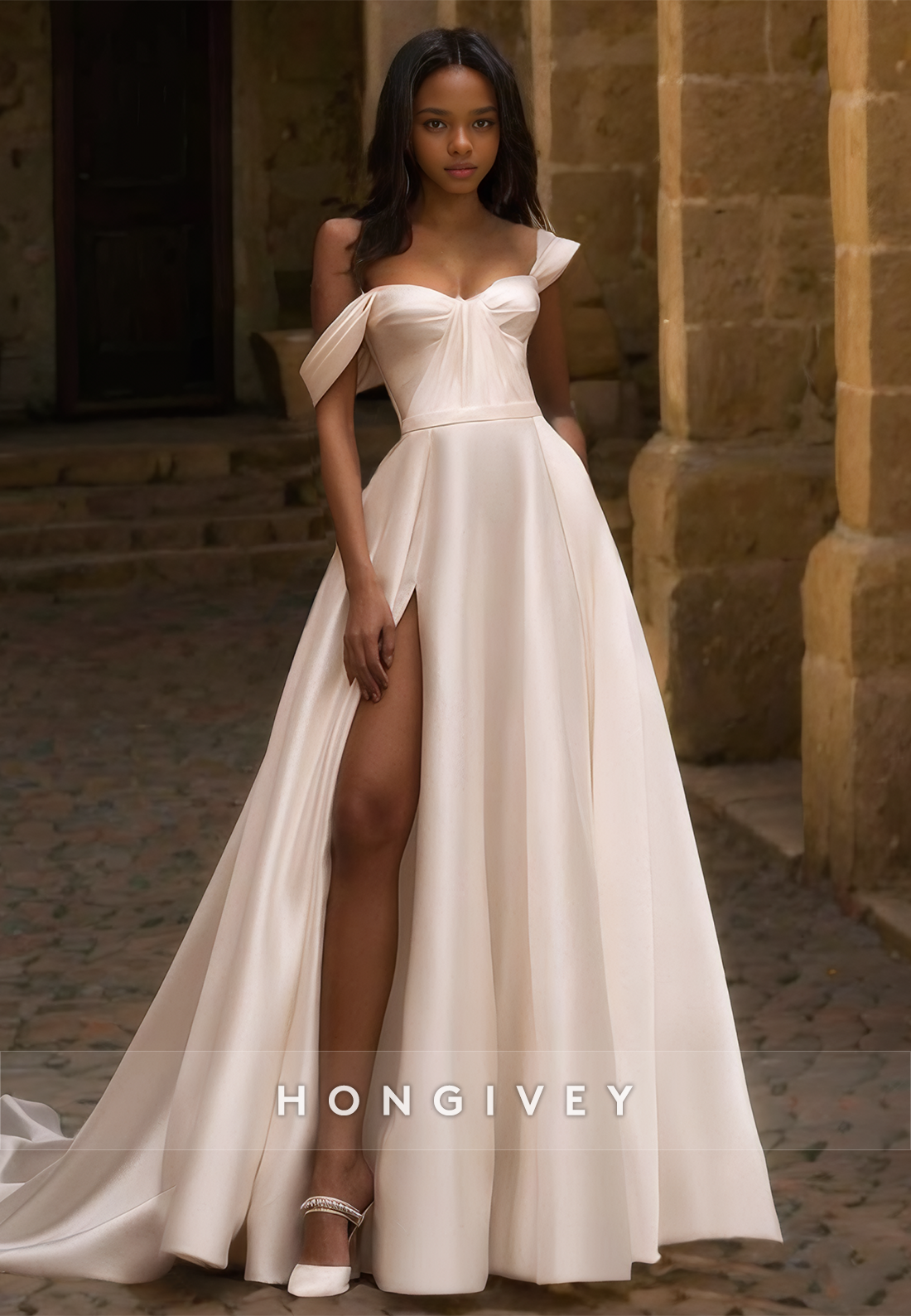 Sexy Satin Aline Offshoulder Empire With Side Slit Train Wedding Dress