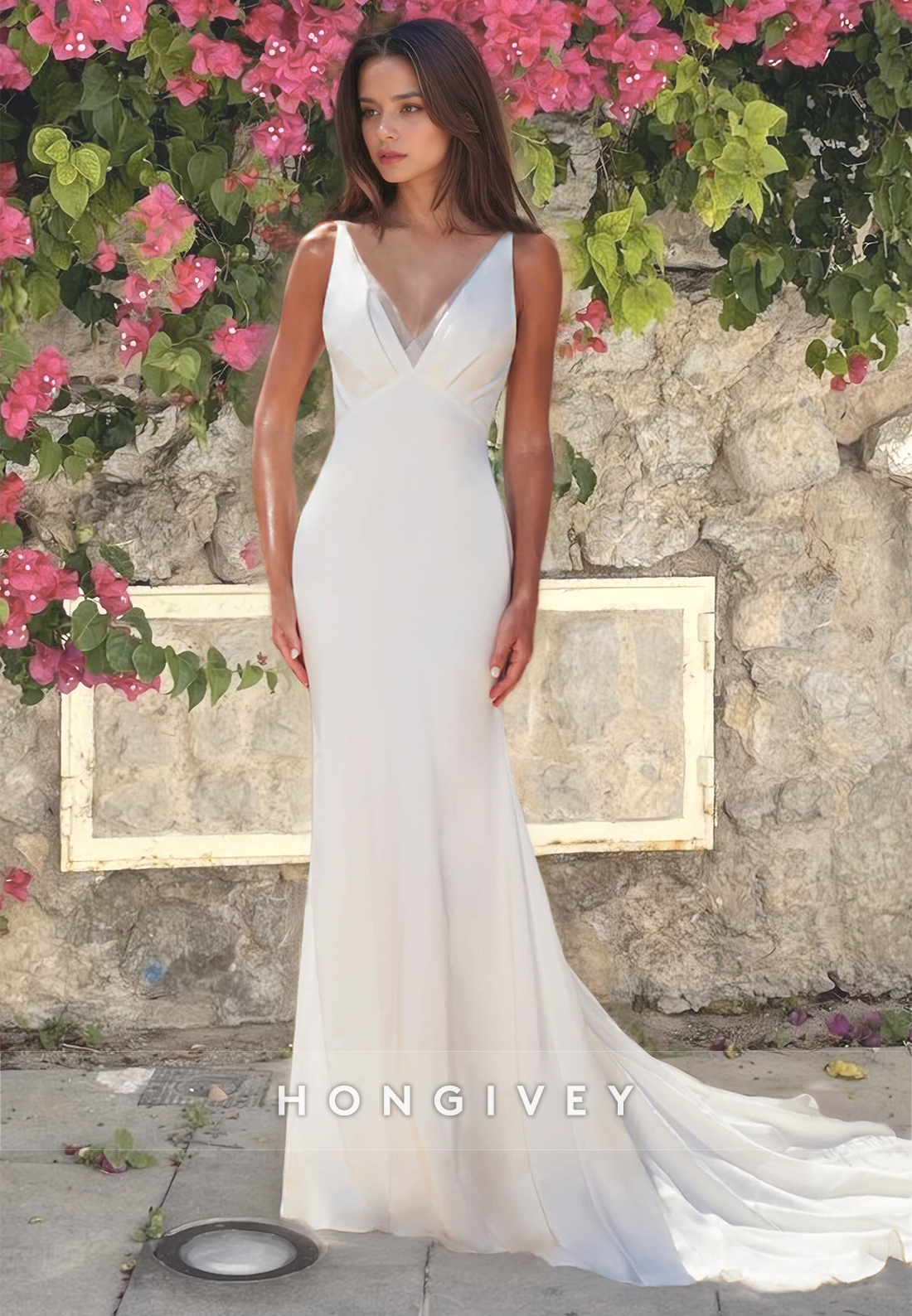 Sexy Vneck Backless Straps Mermaid Beach Wedding Dress With Train Bride Gown