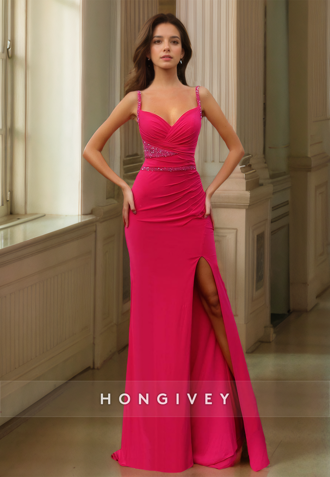 Sexy Satin Fitted Sweetheart Spaghetti Straps Empire Ruched Beaded Party Prom Evening Dress